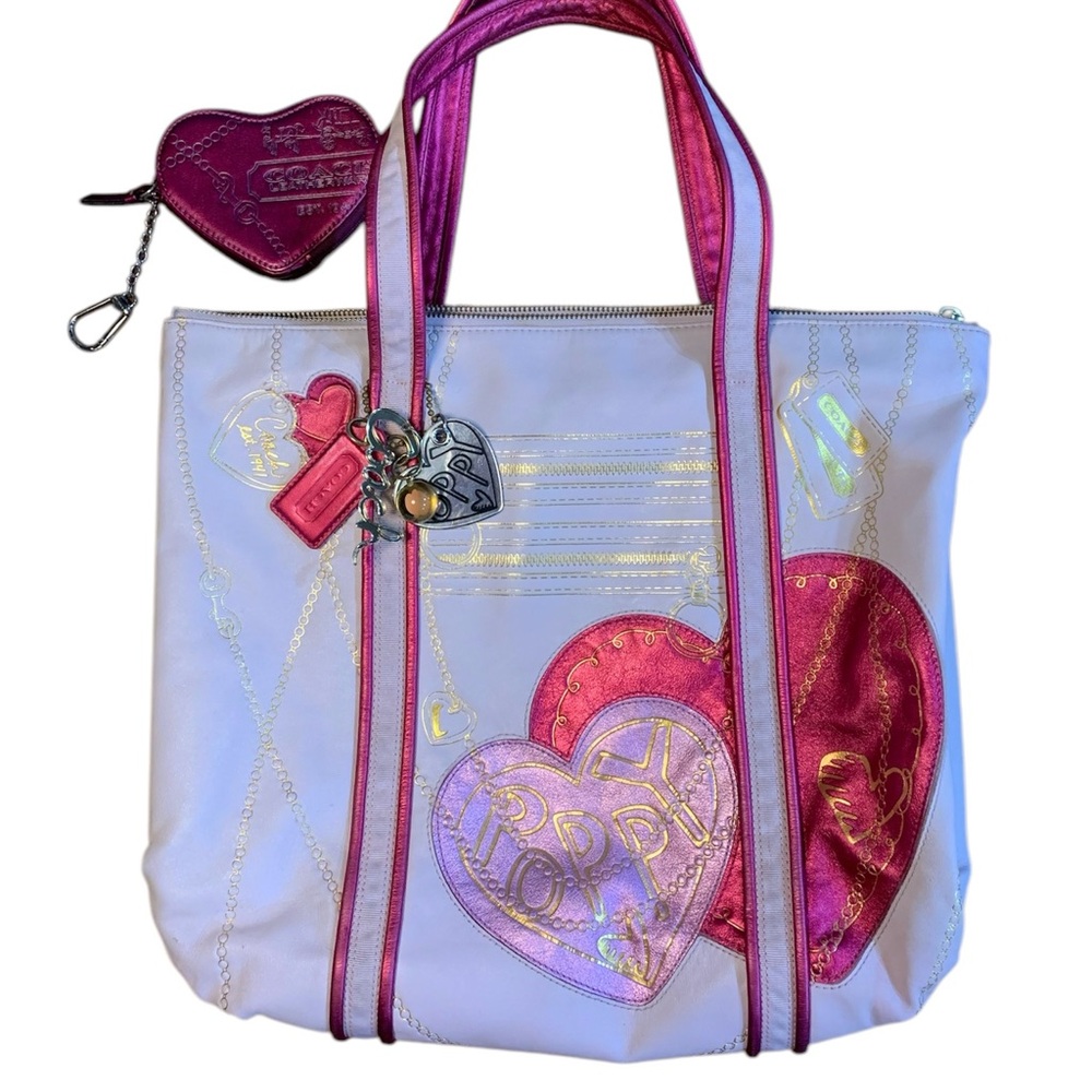 Coach LE Poppy Metallic Leather Pink Hearts Glam Tote + Heart-shaped Coin Purse